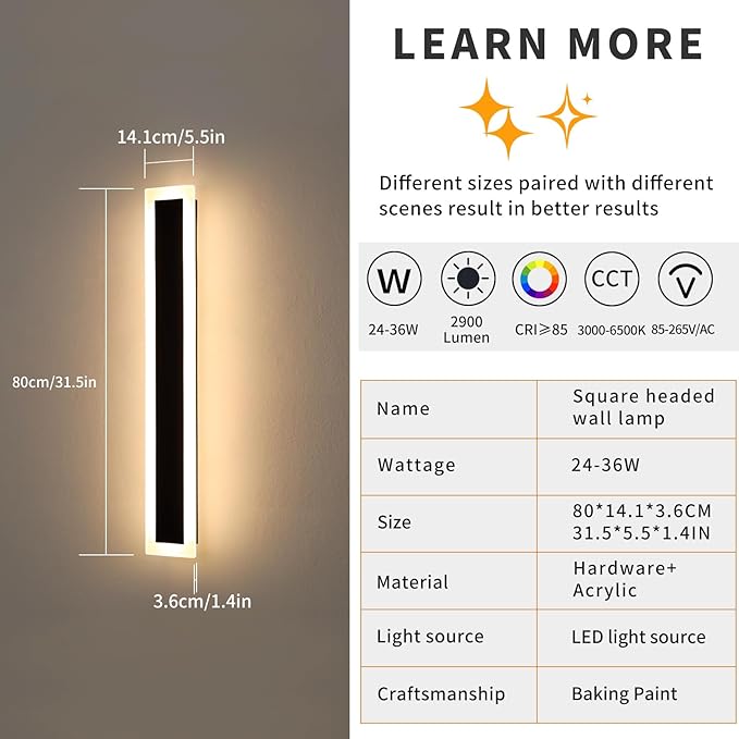 Mikeru Upgraded Widened 2pack 31.4inch Outdoor Wall Light Fixtures, 10%-100% Dimmable Outdoor Wall Lights Exterior Front Porch Light 3000-6000k Outdoor Light Fixtures Wall Mount for Basement, Garage