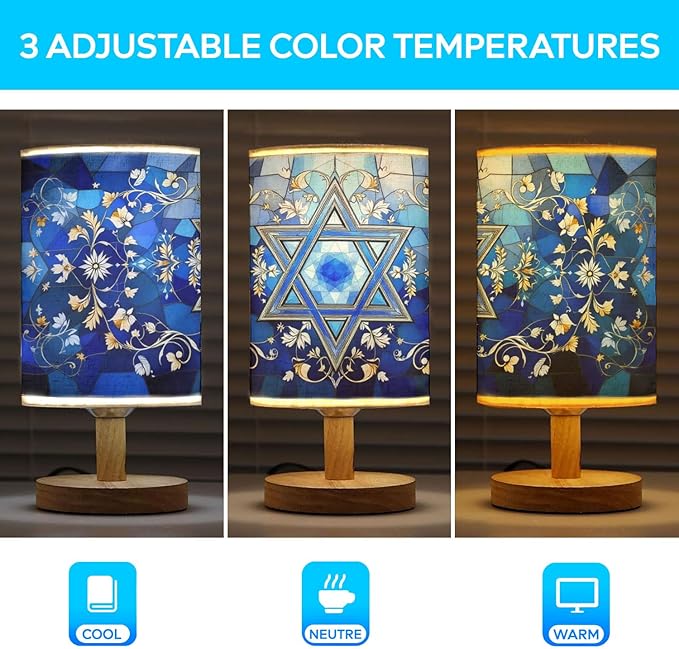 Star of David Table Lamp LED 3-Color Pressed Bedside, Star of David Shade Lamp with Wood Base for Bedroom Living Room Desk Office TL01