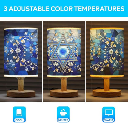 Star of David Table Lamp LED 3-Color Pressed Bedside, Star of David Shade Lamp with Wood Base for Bedroom Living Room Desk Office TL01