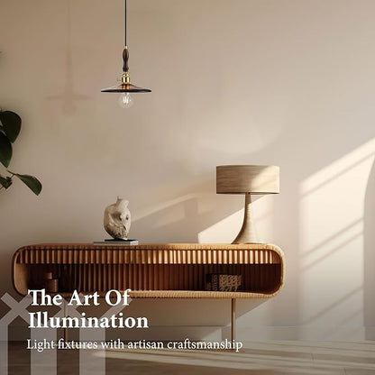 Modern Amber Glass Pendant Light, 9"x7.3" Wide Disc-Shaped Hanging Fixture with Wood & Brass Detail, 15"-72" Adjustable Line, E26 Socket – Golden Amber Disc