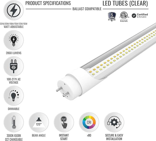 LEDMyplace LED Tube Lights - 4FT T8 LED Ballast Bypass Light Tube, 22W, 2860 Lumens, 6500K Daylight White - Clear Lens, Single/Double End Powered, Dimmable, Replacement for Fluorescent Tubes(100-pack)