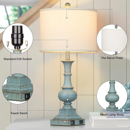 Farmhouse Table Lamps Set of 2, Rustic Touch Control Bedside Lamps with 2 USB Ports & AC Outlet, Vintage Resin 3-Way Dimmable Nightstand Lamp Linen Fabric Shade for Living Room Bedroom Decor Blue