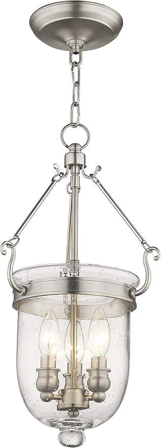 Livex Lighting 5083-91 Jefferson 3 Light Brushed Nickel Bell Jar Hanging Lantern with Seeded Glass