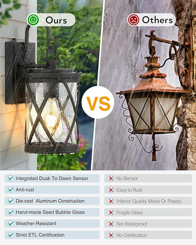 VIANIS Porch Lights Outdoor, Black Outdoor Lights for House Dusk to Dawn, 2 Pack Exterior Lighting Fixtures, Waterproof Outdoor Light Fixture Lantern for House, Garage, Entryway, Anti-Rust, Aluminum