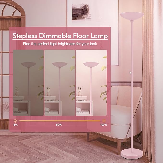 30W Pink Torchiere Floor Lamp, 3600LM Super Bright LED Pole Lamp, 71Inch Tall Stepless Dimmable Torch Lamp, 1Inch Thick Metal Tube, Rotary Switch, Modern Standing Lamp for Living Room/Bedroom/Office