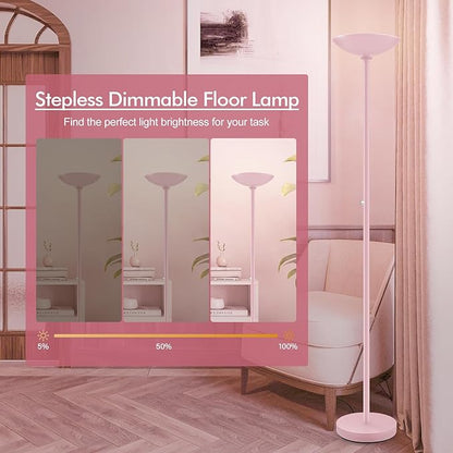 30W Pink Torchiere Floor Lamp, 3600LM Super Bright LED Pole Lamp, 71Inch Tall Stepless Dimmable Torch Lamp, 1Inch Thick Metal Tube, Rotary Switch, Modern Standing Lamp for Living Room/Bedroom/Office