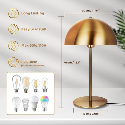 Modern Gold Table Lamp, Mid Century Bedside Table Lamp with Mushroom Dome Shade, 18" Nightstand Reading Lamp Minimalist Desk Lamps for Bedroom Living Room Office Study