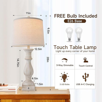 Table Lamps Set of 2 Vintage Night Stand Light Touch Dimmable Desk Lamp Farmhouse Resin Lamp,Bedside Lamps with USB Ports and Outlets Lamps,for Bedroom,Living Room,Office,Dining Room,End Table,Reading