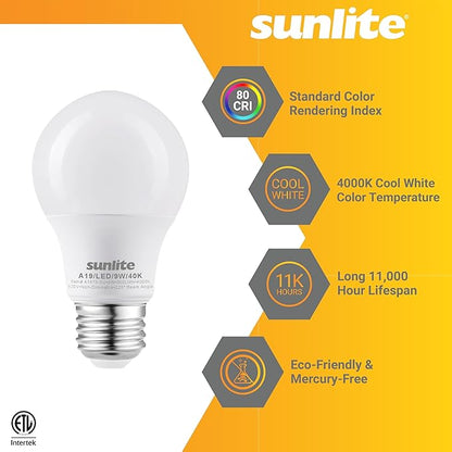 Sunlite A19 Standard LED Light Bulb, 9 Watts (60W Equivalent), 800 Lumens, Bulk 48 Pack, 120 Volts, Non-Dimmable, Medium E26 Base, RoHS, ETL Listed, 4000K Cool White