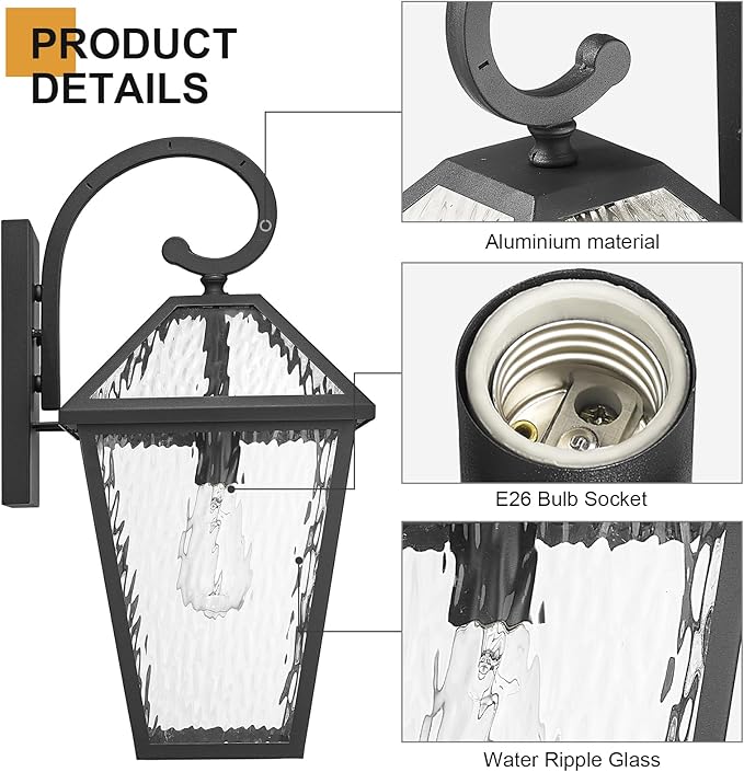 Outdoor Lights Fixtures Wall Mount, Outdoor Wall Lantern with Water Ripple Glass, Waterproof Outside Exterior Wall Sconce Lights Fixture for House, Front Porch, Patio, Medium, Matte Black