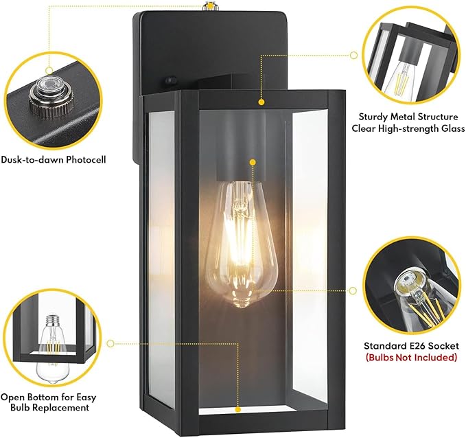 BesLowe 2-Pack Dusk to Dawn Outdoor Wall Lanterns Lights, Matte Black Waterproof Exterior Sconces with Clear Glass, Anti-Rust Outdoor Light Fixtures Outside Lights for House, Porch, Garage, Doorway