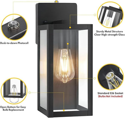 BesLowe 2-Pack Dusk to Dawn Outdoor Wall Lanterns Lights, Matte Black Waterproof Exterior Sconces with Clear Glass, Anti-Rust Outdoor Light Fixtures Outside Lights for House, Porch, Garage, Doorway