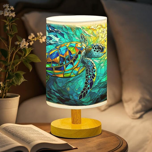 Sea Turtle Table Lamp LED 3-Color Pressed Bedside, Sea Turtle Shade Lamp with Wood Base for Bedroom Living Room Desk Office TL01