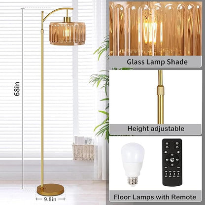 Glass Floor Lamp for Living Room,Bedroom,Gold Mid Century Modern Standing Lamp with Remote,Dimmable Brass Tall Lamp Amber Flower Lamp Vintage Floor Lamps Arc Floor Light Boho Bohemian