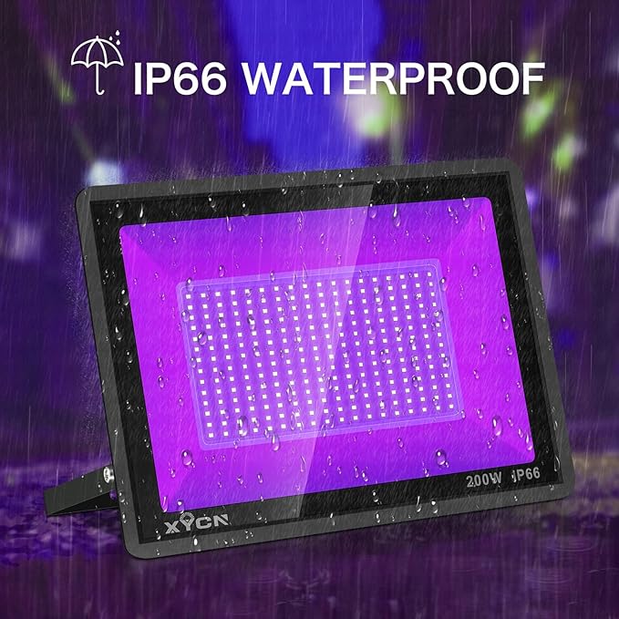 4 Pack 200W LED Flood Black Lights,395nm to 405nm UV Outdoor Flood High Power Blacklight Light with Plug in, IP66 Waterproof Large Black Light Spotlight for Glow Party Large Space, Halloween