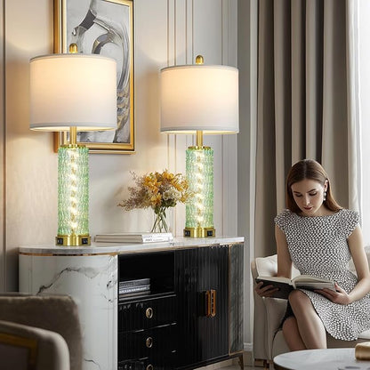 28" Green Glass Table Lamps Set of 2, Green Modern Bedside Lamp with LED Night Light, USB A+C, Glass Lamps for Living Room, Bedroom, Nightstand, Office, End Table (2 Bulbs Included)