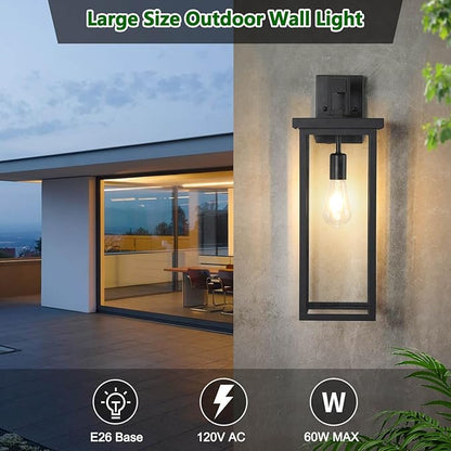 tewei 2 Pack Large Size Outdoor Wall Lantern Exterior Wall Light Fixture, 20 In Matte Black Porch Light Waterproof Outdoor Lights for House with Clear Glass Shade, E26 Base Exterior Sconces for Garage