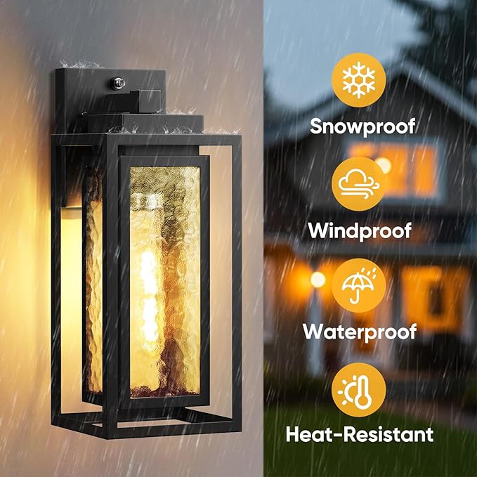 Dusk to Dawn Exterior Porch Light Fixture, Water Ripple Outdoor Wall Lantern Black, 2 Pack Sensor Outside Lantern Lamp, Waterproof Wall Sconce Light, Outside Mount Lamp for Doorway(Bulb Included)