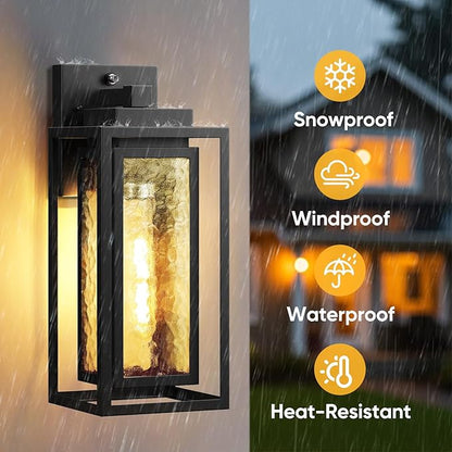 Dusk to Dawn Exterior Porch Light Fixture, Water Ripple Outdoor Wall Lantern Black, 2 Pack Sensor Outside Lantern Lamp, Waterproof Wall Sconce Light, Outside Mount Lamp for Doorway(Bulb Included)