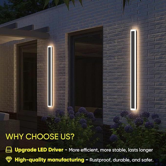 2-Pack 31.5inch Modern Outdoor Wall Lights, LED Wall Light Outdoor Lights Fixture for Patio Wall Mount, IP65 Waterproof Black Outside Lights for House, Garage, Porch (3000k)