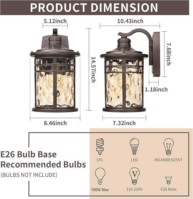 Darkaway Outdoor Wall Light Fixture,14.57inch Large Outside Porch Lights Wall Mounted Amber Ripple Glass Modern Exterior Waterproof Wall Sconce Lighting for House Front Door Garage