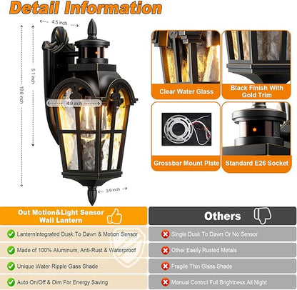 Motion Sensor Outdoor Lights 2 Pack, Dusk to Dawn Outdoor Wall Lights with 220° Detection & 3 Modes, IP65 Waterproof Exterior Lighting Fixtures for House Porch Patio Garage (Gold Trim)