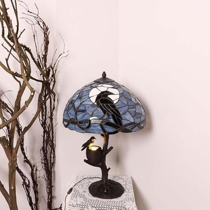 Bieye L10968 Raven Sitting on Bare Tree Branch in Full Moon Night Tiffany Style Stained Glass Table Lamp for Home Decor (Dark Blue, 16Wx24H Nest)
