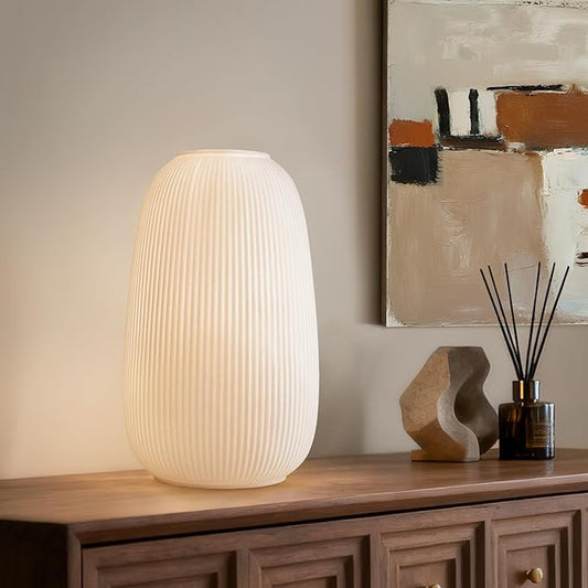 RONDURE 9.5" Modern Ceramic Table Lamp, Fully Dimmable Modern Bedside Lamps for Bedroom, Living Room and Nightstand, White Translucent Ceramic Shade, Warm Ambient Lighting, Corded, Bulb Included