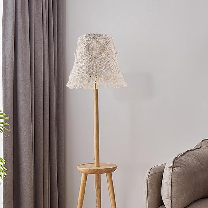 Boho woven Lamp shade Medium White Ivory Lampshade 7.5``Top x 12``Bottom x 11``High(Spider) Handmade Lamp shade for Table Lamp & Bedside Lamp - Replacement Tassel Lampshade