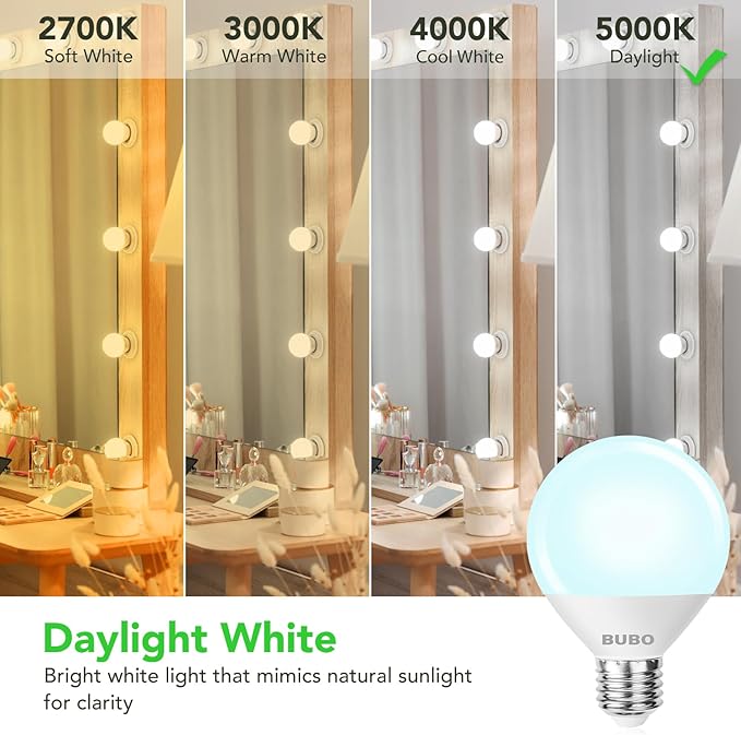 BUBO Vanity Light Bulbs 60 Watt Equivalent, Bathroom Light Bulbs Daylight White 5000K, G25 Globe Round Bulb 800 Lumens, E26 Medium Base, 7W, Non-Dimmable, 8 Pack