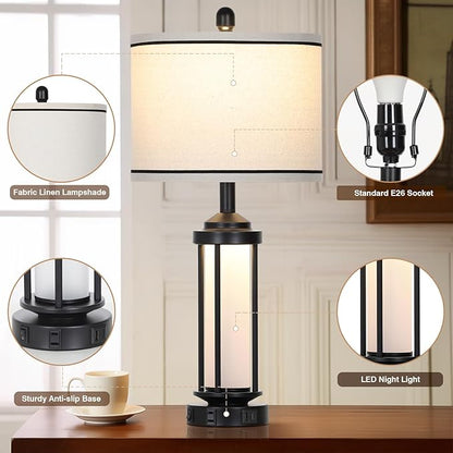 Table Lamps for Living Room Set of 2, Black Farmhouse Rustic Industrial Table Lamp with USB A+C Charging Ports & AC Outlet, 27" Modern Table Lamps with LED Night Light & Linen Fabric Lampshade