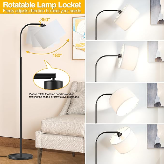 Arc Floor Lamps for Living Room with 3 Color Temperatures, Modern Floor Lamp Reading Light with 9W Bulb Included, Standing Lamp with Adjustable White Hanging ‎Lampshade for Bedroom Office(Black)