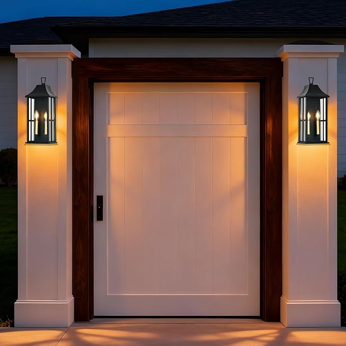 Outdoor Wall Sconce, 20.3" 2-Light in Black with Gold Rectangular Metal Frame and Clear Glass Shade Waterproof Porch Light Patio Light,Bulbs Not Included