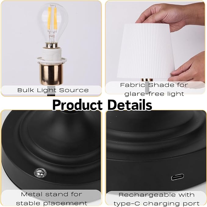 Rechargeable Cordless Table Lamp, Warm Desk Light, Wireless Touch Lamps with Stepless Dimmable Brightness & Fabric Shade for Nightstand Bedside Living Room (Black, Twill)