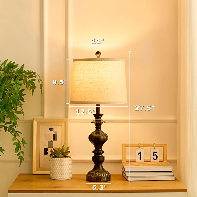 27.5" Farmhouse Table Lamps Set of 2 Bedside Nightstand Lamp with USB C+A Ports & AC Outlet, 3 Way Dimmable Lamps for Bedroom Living Room Office Rustic Lamp (Rotary Switch-Black)
