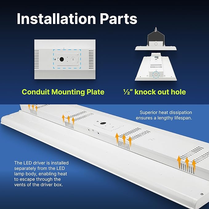 Konlite - 2 FT Linear LED Shop Lights, 105W, 14,170LM Bay Ceiling Shop Light for Commercial & Industrial Use, Non-Maintenance Shop Lights for Workshop, Garage Light, 5000K Daylight, Dimmable 1-10V