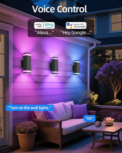 Smart Outdoor RGB Wall Lights 2 Pack, Wi-Fi & App Control Color Changing Up and Down Wall Sconce with Remote, Dusk to Dawn Waterproof Exterior Lighting Fixtures Works with Alexa, Google Assistant