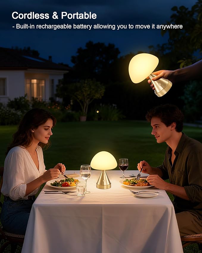 Small Cordless Mushroom Table Lamp, Mini Rechargeable Battery Powered Night Light, Touch Control Dimmable, Portable Gold Lamp for Kitchen Restaurant Dining Table Bathroom Patio