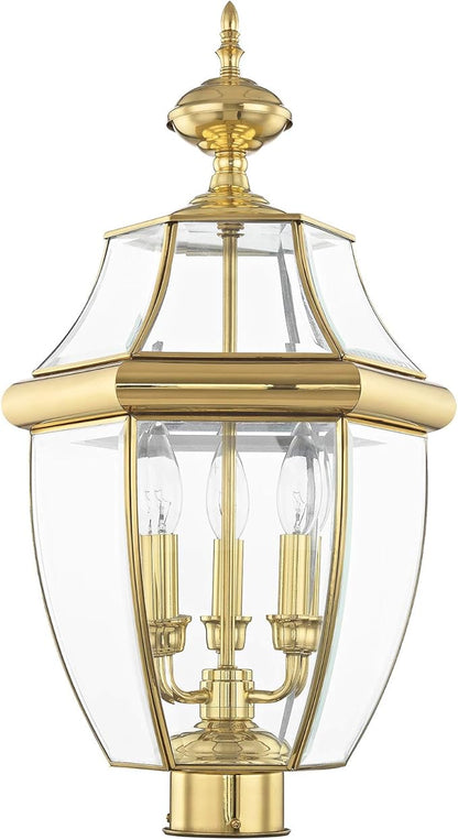 Livex Lighting Lantern 2354-02 Monterey 3 Light Outdoor Polished Brass Finish Solid Brass Post Head with Clear Beveled Glass, 17" x 9" x 11"