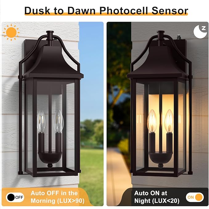 𝟏𝟖𝑰𝑵 Outdoor Wall Sconce Fixtures, Dusk to Dawn Patio Lights Waterproof Exterior Lanterns, 2-Light Modern Wall Light Mounted with Glass, Oil Rubbed Bronze Outside Lights for House Front Door Decor