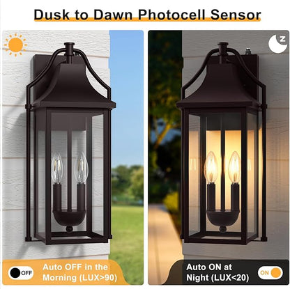 𝟏𝟖𝑰𝑵 Outdoor Wall Sconce Fixtures, Dusk to Dawn Patio Lights Waterproof Exterior Lanterns, 2-Light Modern Wall Light Mounted with Glass, Oil Rubbed Bronze Outside Lights for House Front Door Decor