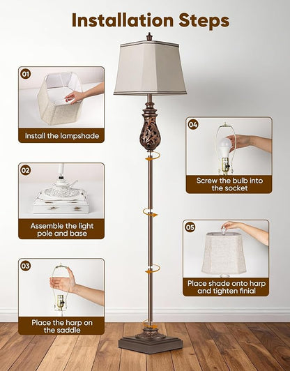 64'' Vintage Floor Lamp with Nightlight, Rustic Farmhouse Tall Standing Lamp with Rotary Switch and Beige Faux Silk Shade for Living Room, Corner, Bedroom, House Decor, Brown (Bulb Included)