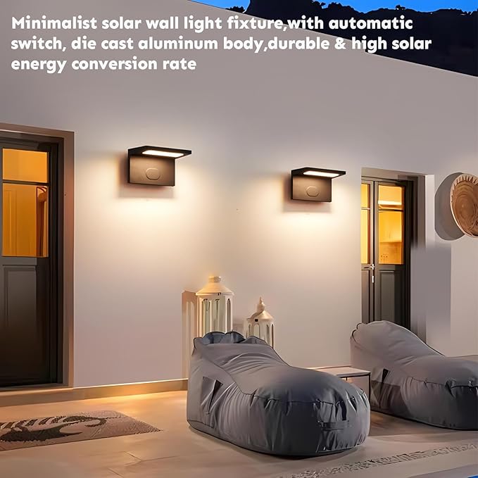 Solar Sconce Lights Outdoor Waterproof, Modern Solar Wall Lights Outdoor, Luxury Aluminum Model, Wireless Porch Patio Wall Light Fixture, Automatic Light On Off, Black