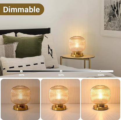 Small Amber Glass Table Lamp: Mid Century Modern Dimmable Nightstand Lamps - Vintage Decor Brass Desk Lamp With Plug - Ribbed Glass Bedside Tables Lamps for Bedroom Living Room Office Bulb Excluded