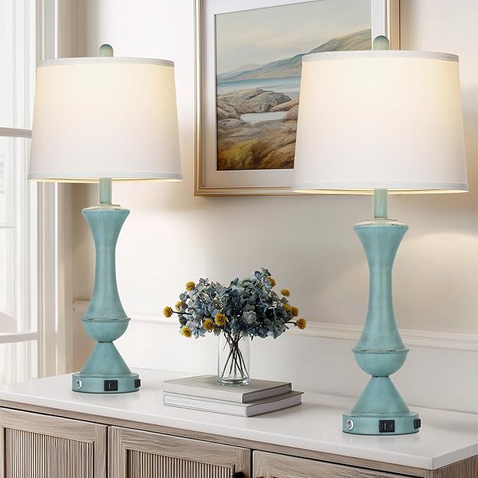 29" Coastal Tall Blue Table Lamps Set of 2 for Living Room, Touch Control Bedroom Lamps for Nightstand, 3-Way Dimmable Bedside Lamp with USB A+C Ports & AC Outlets (2 LED Bulbs Included)
