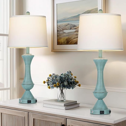 29" Coastal Tall Blue Table Lamps Set of 2 for Living Room, Touch Control Bedroom Lamps for Nightstand, 3-Way Dimmable Bedside Lamp with USB A+C Ports & AC Outlets (2 LED Bulbs Included)