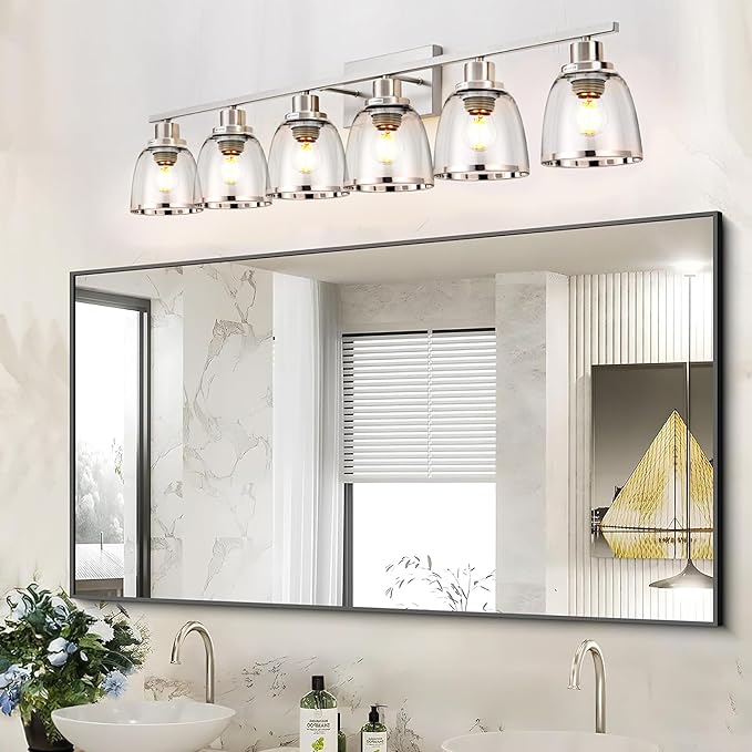 6 Pack Ceiling Fans Glass Shade Covers, Clear Glass Shade Replacements Globes Lampshades with Round Silver Border, Screw-Fixed Lamp shade for Light Fixtures Chandelier Sconces Vanity Lights