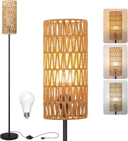 Floor Lamp for Living Room,Farmhouse Floor lamp,Modern Standing lamp with Hand-Worked Rattan Shade (Round Rattan Shade-3 Color Bulb)