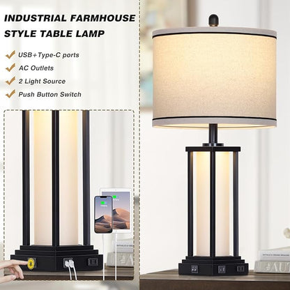 27" Tall Vintage Table Lamp Set of 2 with USB C+A & Outlet,Black Industrial End Table Lamp for Living Room,Farmhouse Rustic Bedside Lamps with Frosted Glass Night Light for Bedroom Nightstand,Black