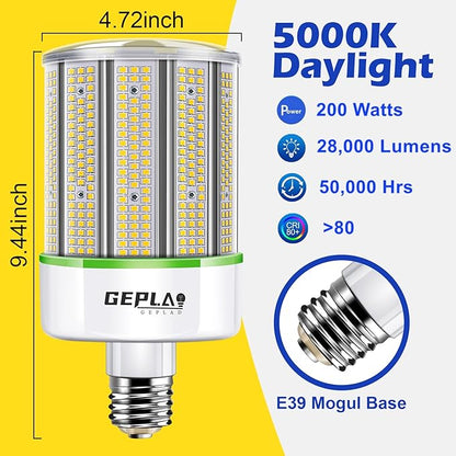 GEPLAD 2-Pack 200W LED Corn Light Bulb, E39 Mogul Base 5000K Daylight 28,000LM Lamp, Replacement 1000Watt CFL HPS Metal Halide Bulb, Large Area Lamp for Street, Garage, Warehouse High Bay Lighting